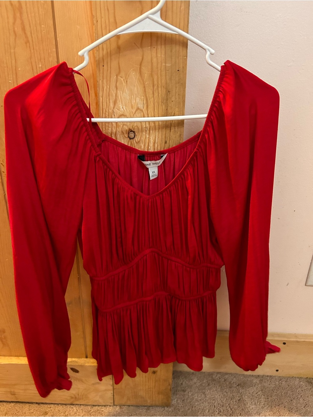 New York & Company Red Long-Sleeve Gathered Peplum Top